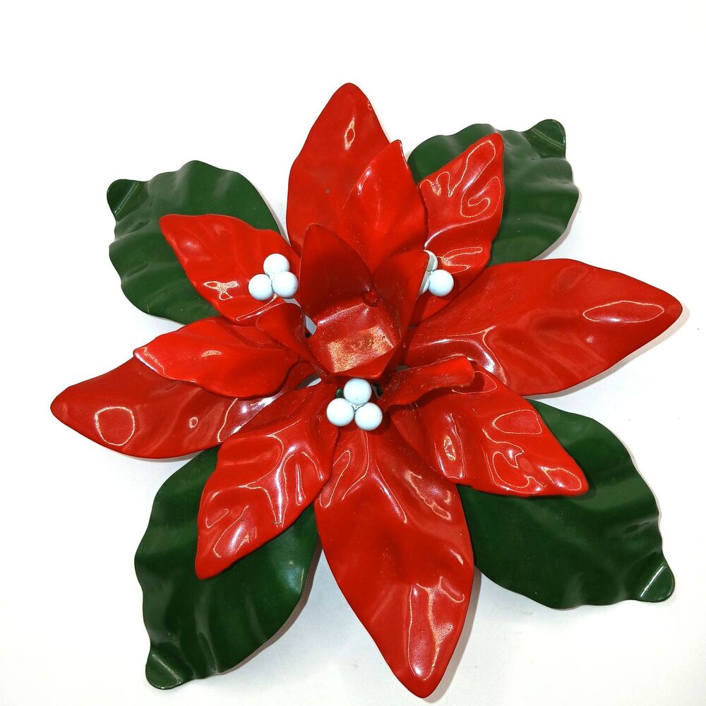 Vintage DEPT 56 Metal Poinsettia Taper Candle Holder Enamel White Berries
